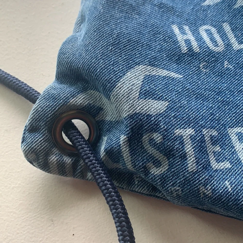 Hollister Denim Print Seagull Logo Drawstring Backpack Bag - Y2K Beach Cinch